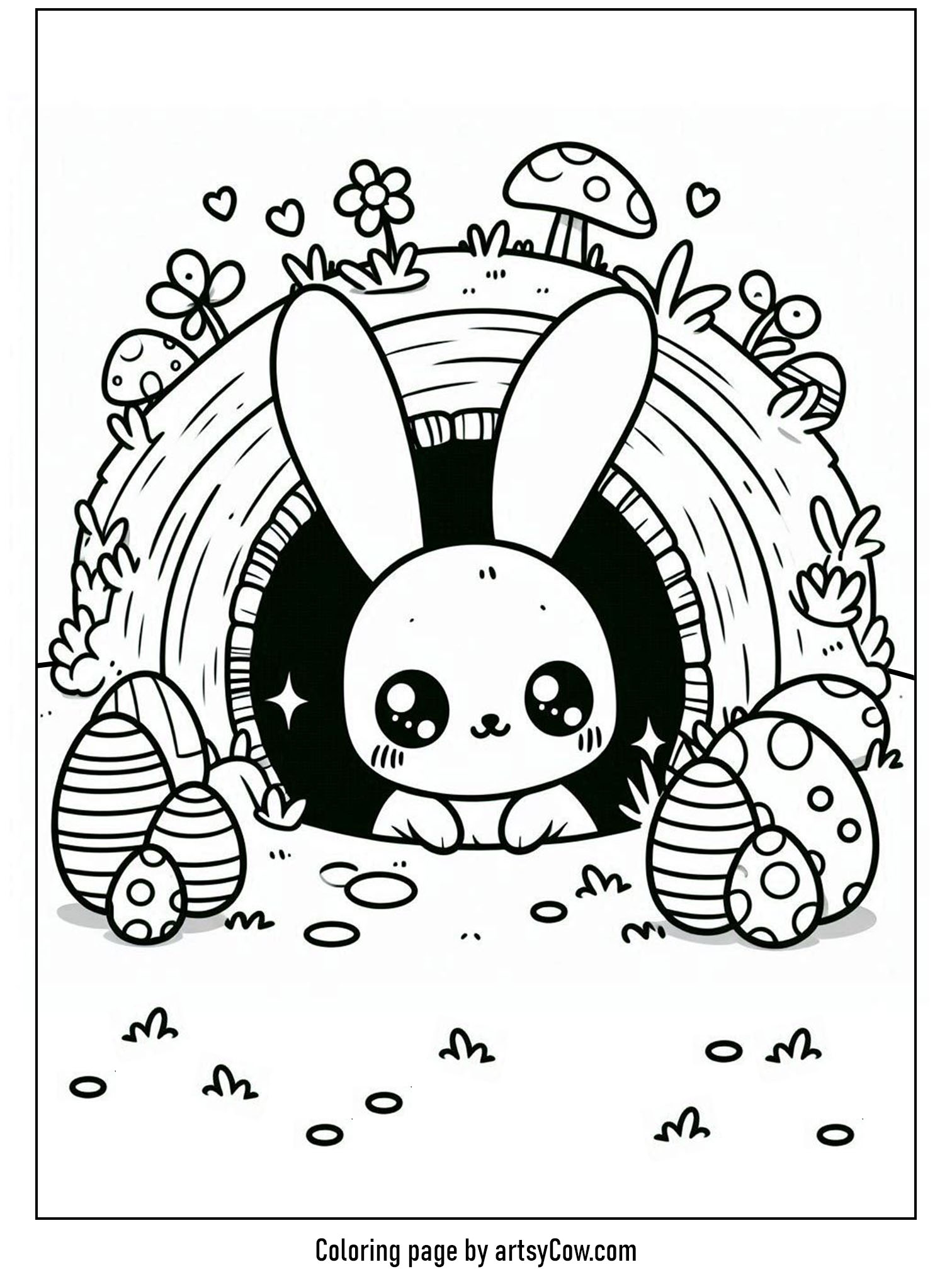 easter coloring pages for kids featuring a cute bunny peeking out of a burrow surrounded by decorated Easter eggs and simple garden elements.